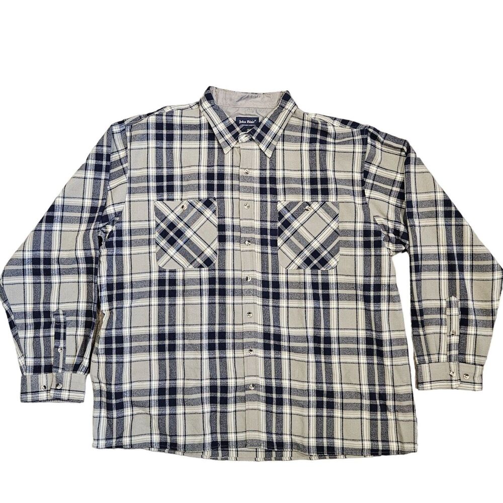 John Blair Men's Gray Blue Plaid Long Sleeve Button Down Flannel Shirt Size 2XL